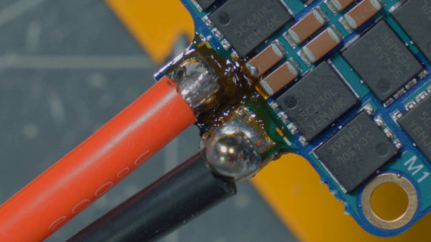 Wires soldered to the ESC pads