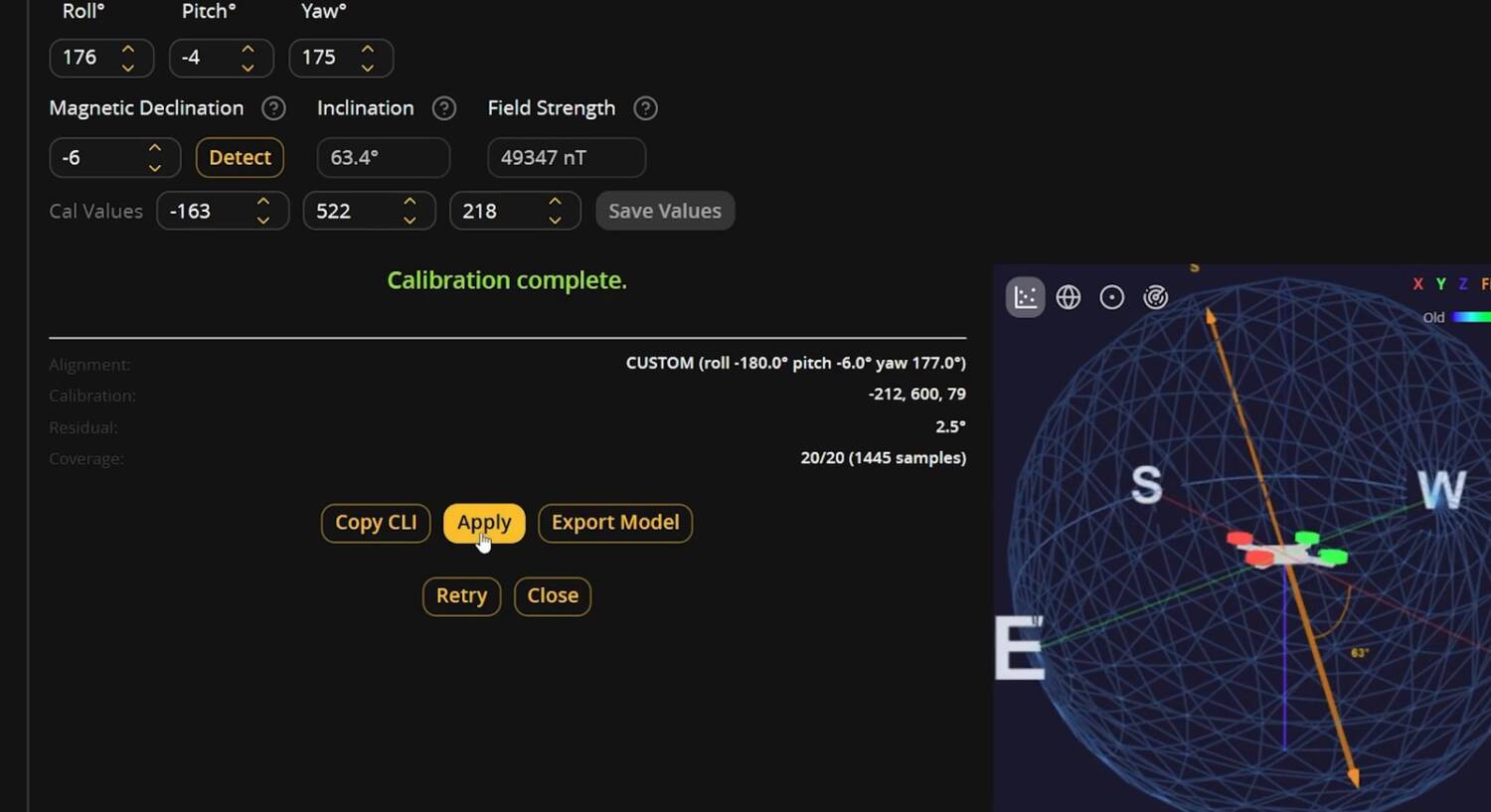 Calibration complete, with Copy CLI, Apply and Export Model buttons
