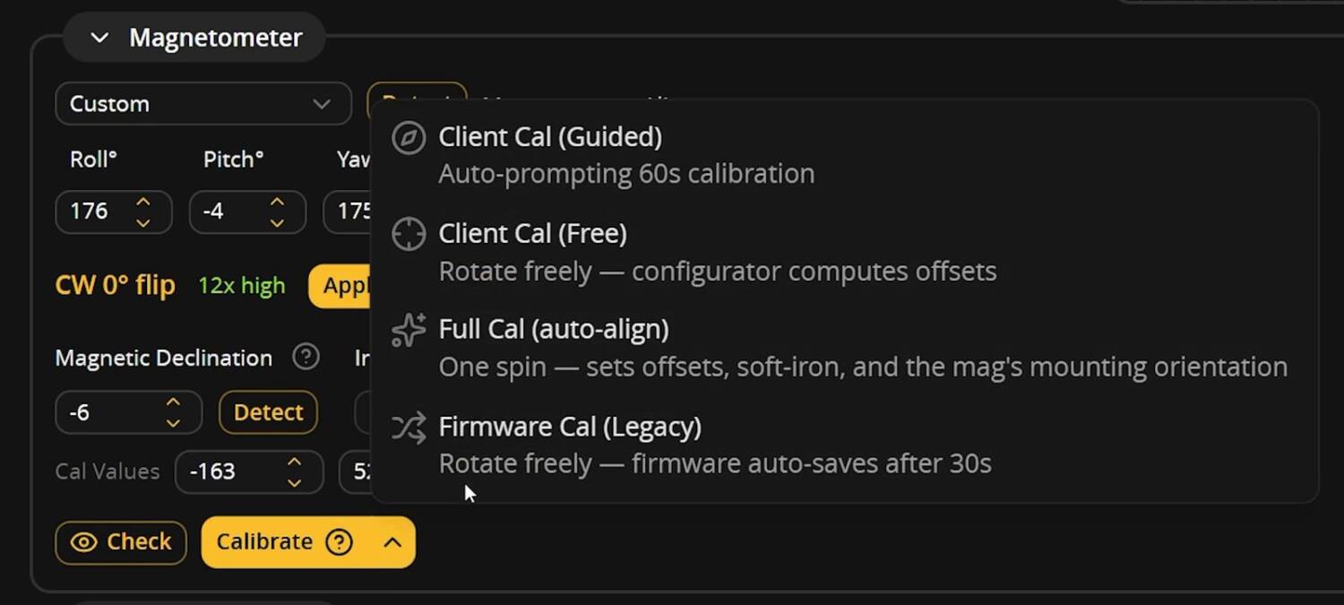 The Calibrate menu: Client Cal, Full Cal (auto-align) and Firmware Cal (Legacy)