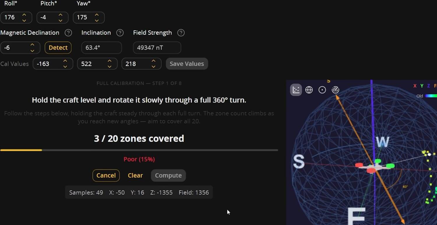 Full calibration step 1: hold the craft level and rotate it through a full 360 degree turn