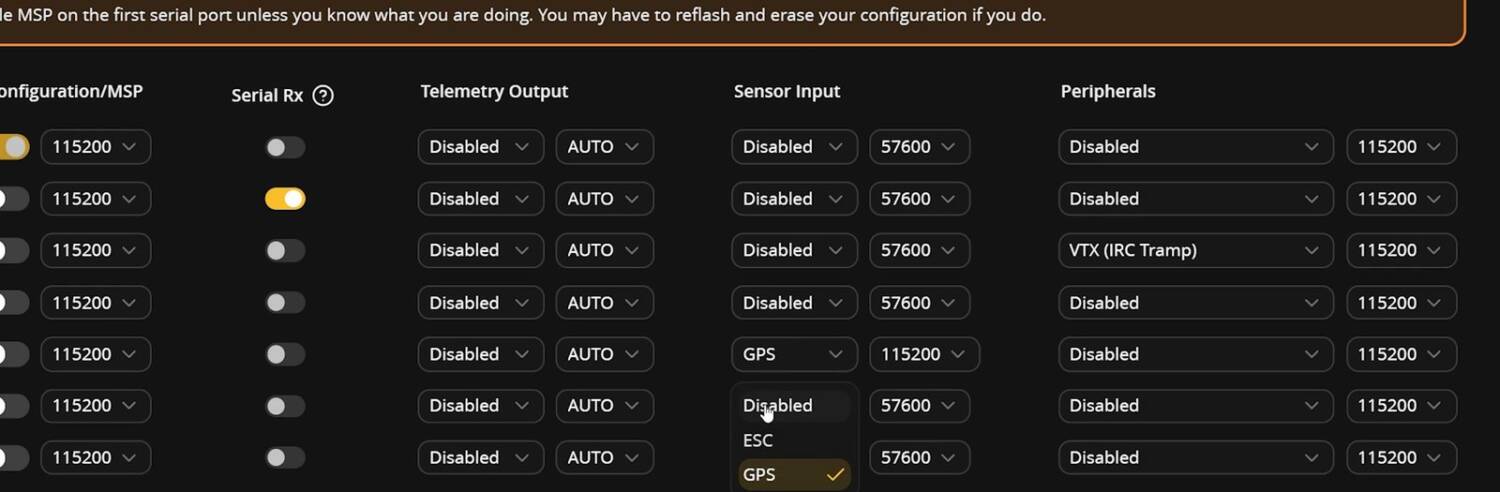 The Ports tab: GPS enabled under Sensor Input