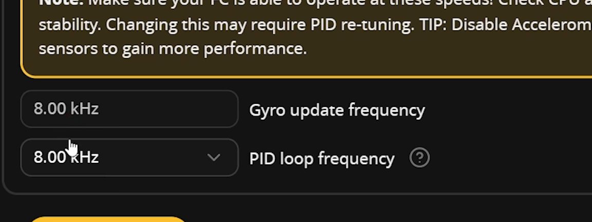 The Configuration tab: gyro update and PID loop frequency