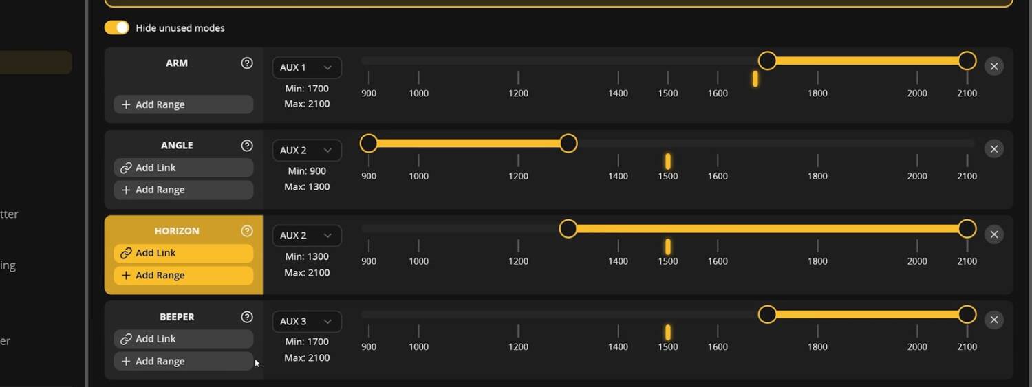 The Modes tab with Horizon mode enabled