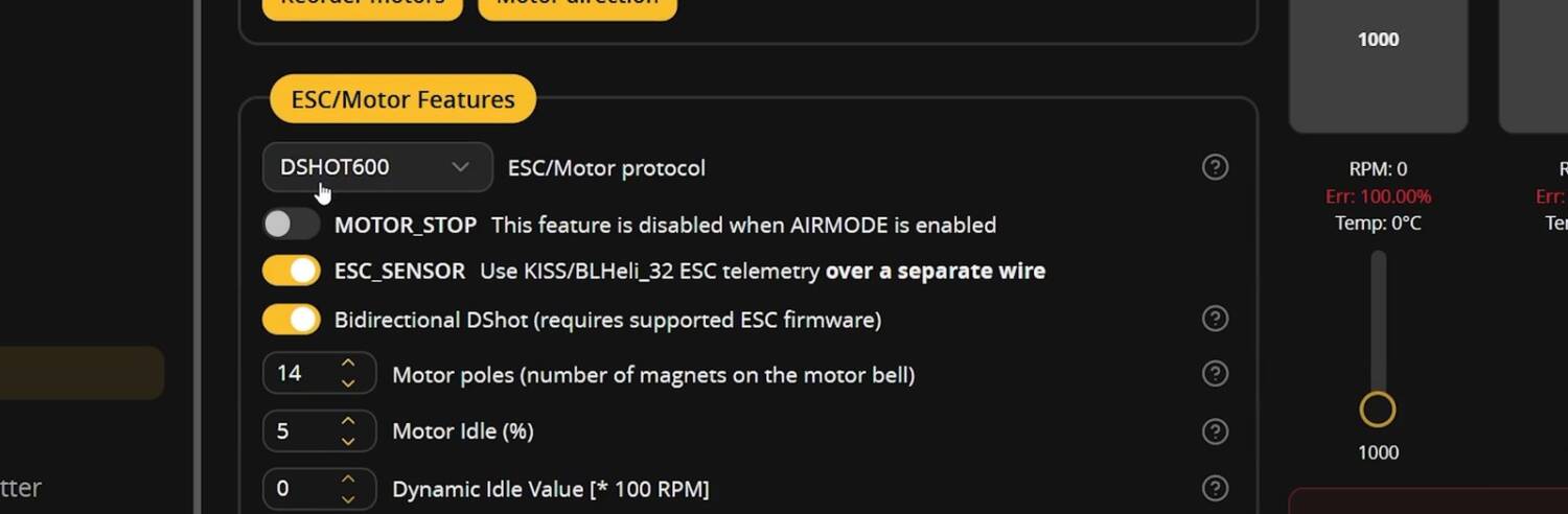ESC/Motor protocol set to DShot600