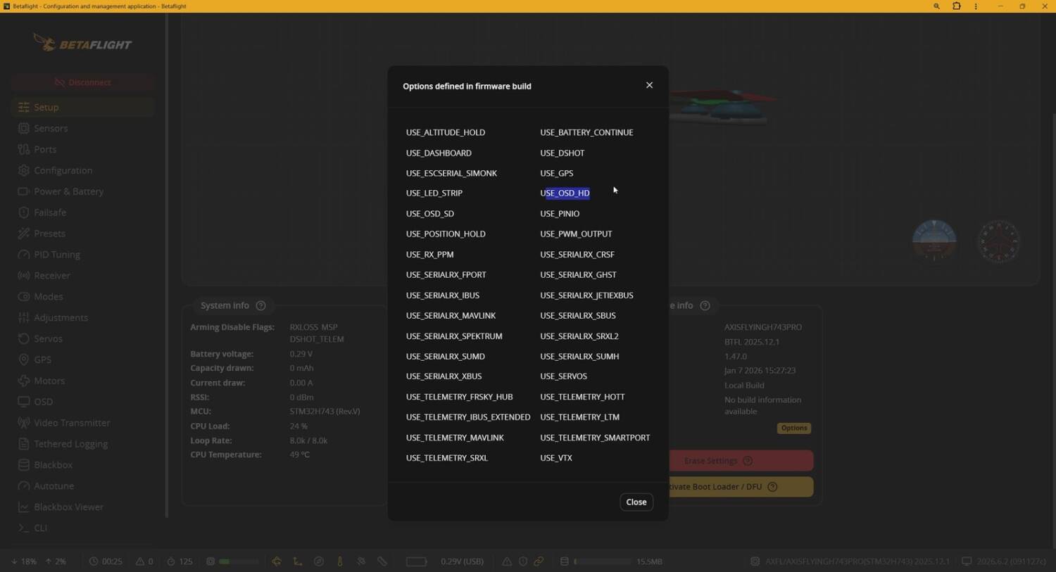 The firmware's build options: every option selected