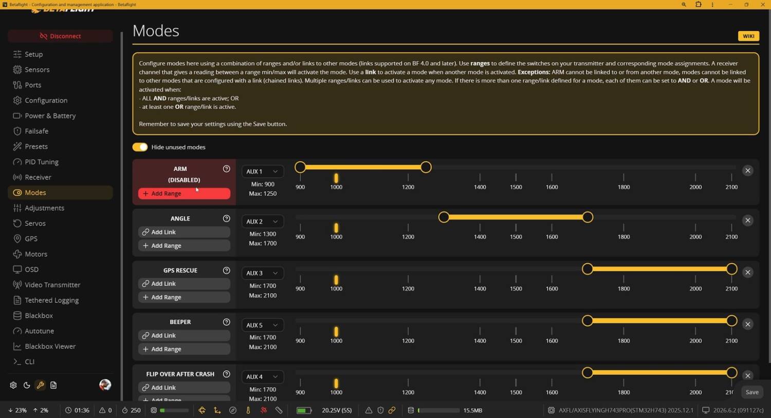 Betaflight Modes tab as shipped