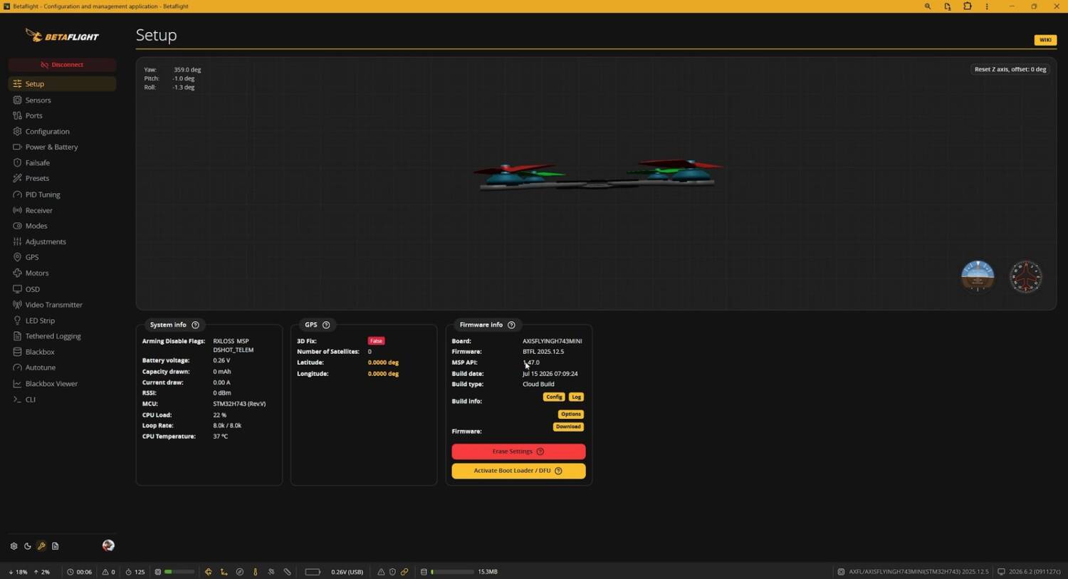 Betaflight Setup tab: firmware info