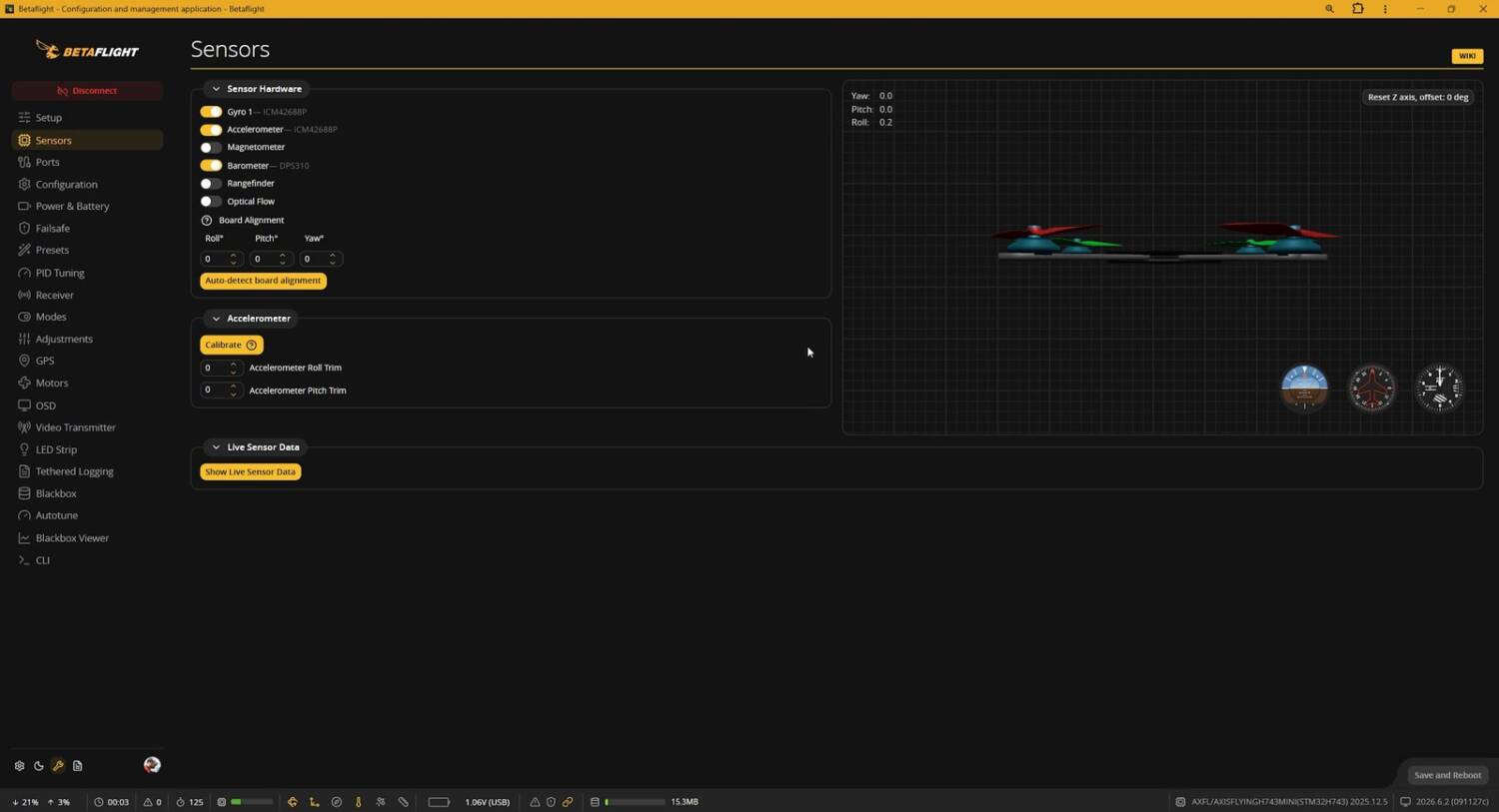 Betaflight Sensors tab: magnetometer disabled