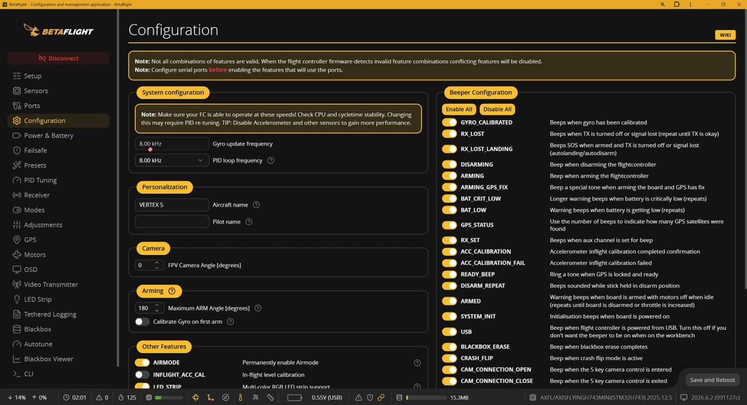 Betaflight Configuration tab: shipped at 8K/8K