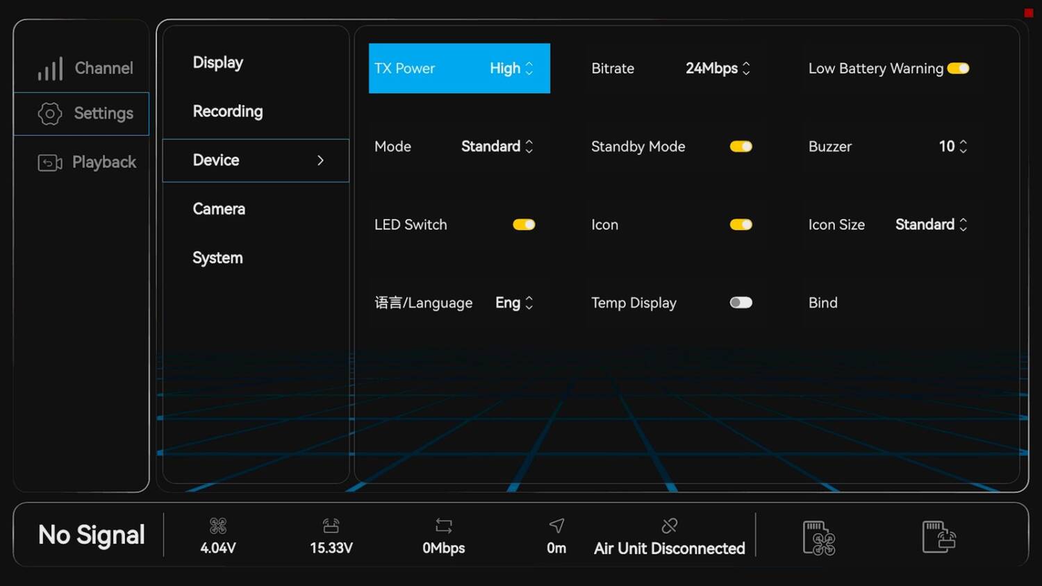 P1 device settings: TX Power High, bit rate and mode