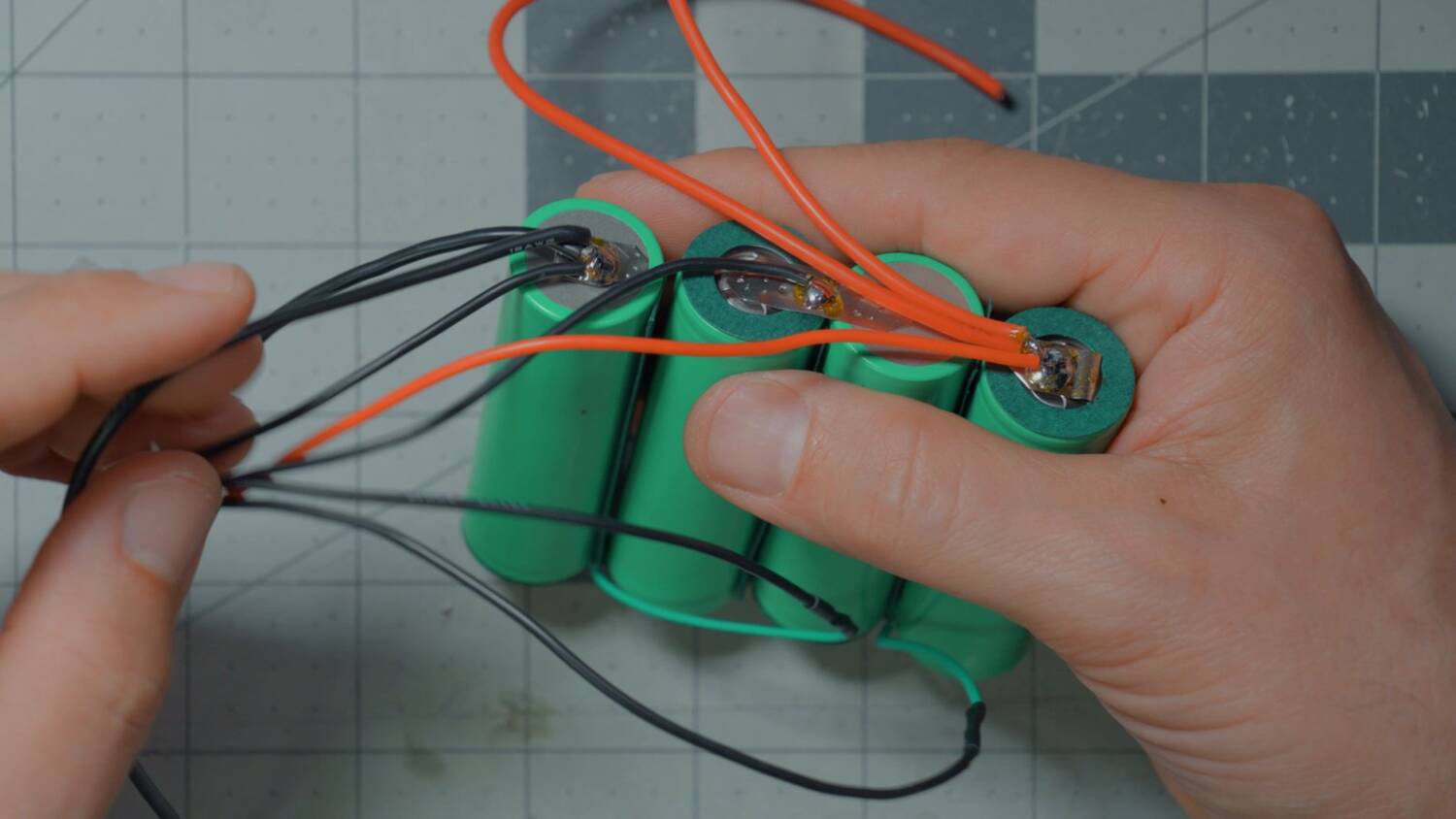 Pack with red and black wires soldered to the nickel strips
